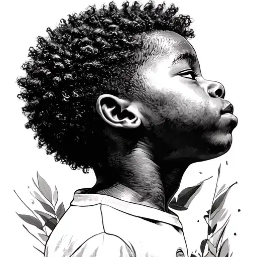 African American Young Boy With Small Afro Praying With Eyes Closed Looking Completely Right Side