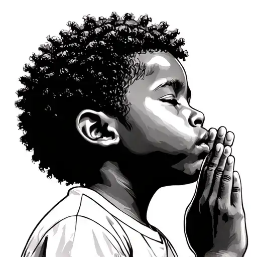 African American Young Boy With Small Afro Praying With Eyes Closed Looking Completely Right Side