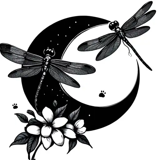 Paw Print Moon Dragonfly Flowers
