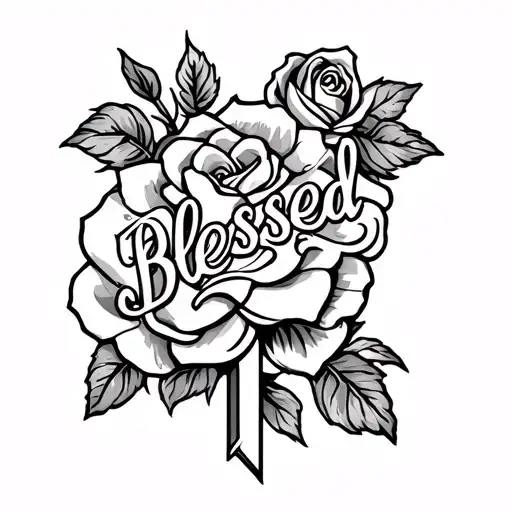 Half Sleeve On Right Forearm With Rose And Cross With The Word Blessed Across Written In Cursive