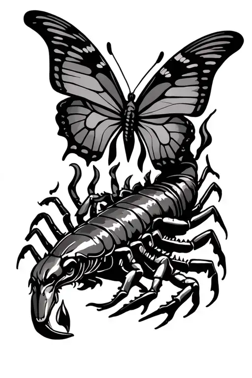 Butterfly Resting On A Scorpion With Flames On Right Arm Sleeve
