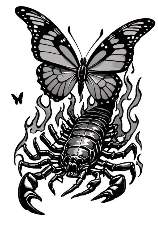 Butterfly Resting On A Scorpion With Flames And More Butterfly's Above And Below In Fire Girly