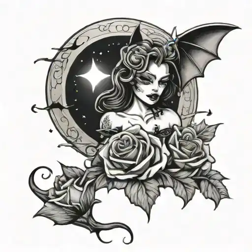 Gothic Feminine Bat Moon Roses Stars
