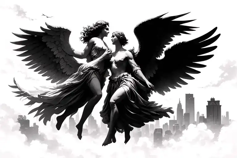 Two Angels Femida And Archangel Fly Into Sky On City Background