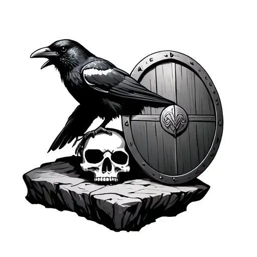 A Crow On A Skull In Front Of A Viking Shield Lay On A Rock
