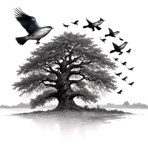 A Willow Tree Being Circled By A Flock Of Birds But The Birds Are Replaced By The Fish Of A Baitball