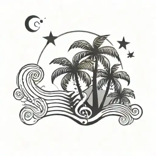 Palm Tree Music Notes Sun Setting Stars Smille