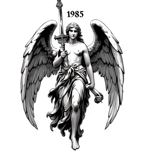 Fallen Angel Holding A Sword Roman Style With Roman Numerals For The Year 1985