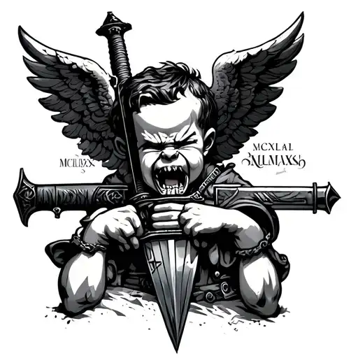Cherub Gangster Anger Holding A Sword And Uzi Roman Style With Roman Numerals Mcmlxxxv