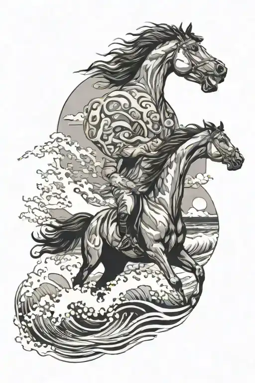 A Black-grey Tattoo Of A Serene Beach Scene With A Horse Peacefully Swimming In The Ocean Waves