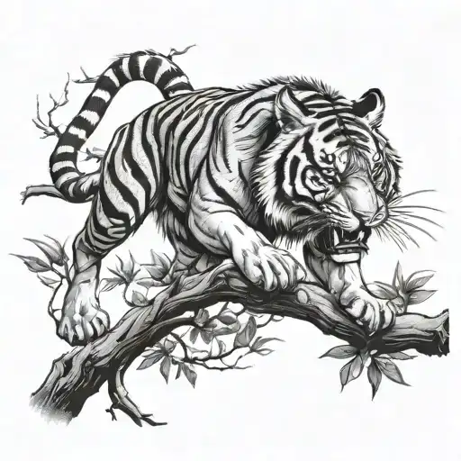 Aggressive Tiger Crawling On Tree Branch