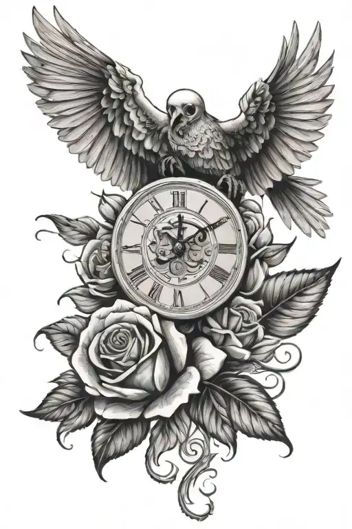 Rose Clock Dove Skull