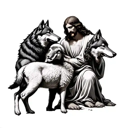 Jesus Leaning Over To Save A Lamb While Holding Back Wolves