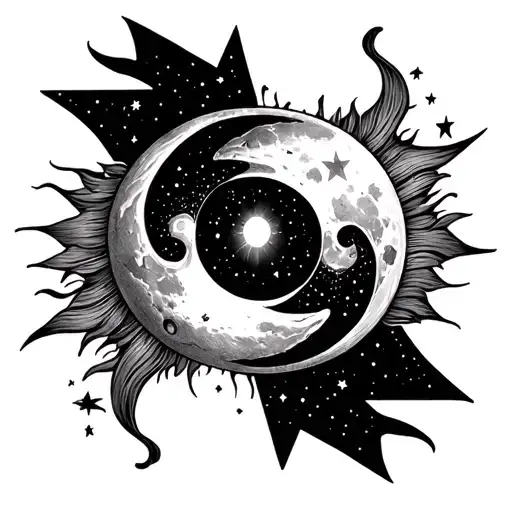 Sun And Moon Merging Together With Stars In Background