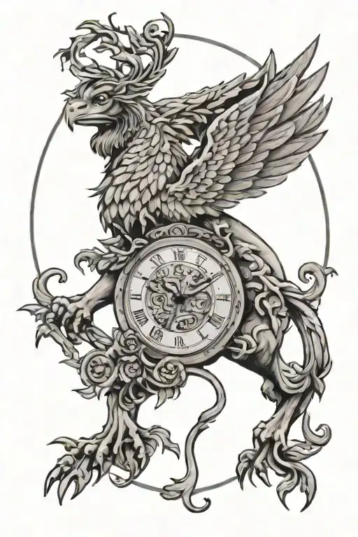 Gryphon With A Greek Clock Above It With Vines Behind It And Lightning