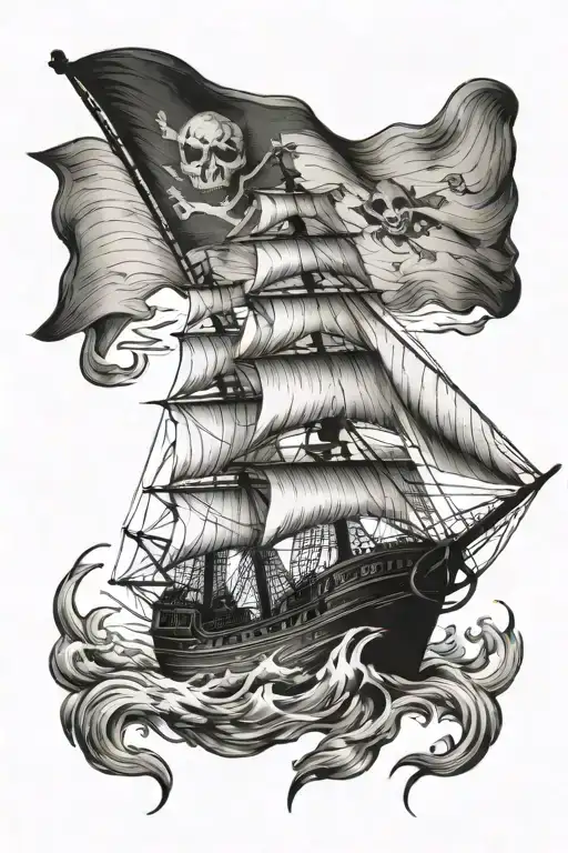 Lighthouse Shining On A Pirate Ship With A Pirate Flag In Lightning