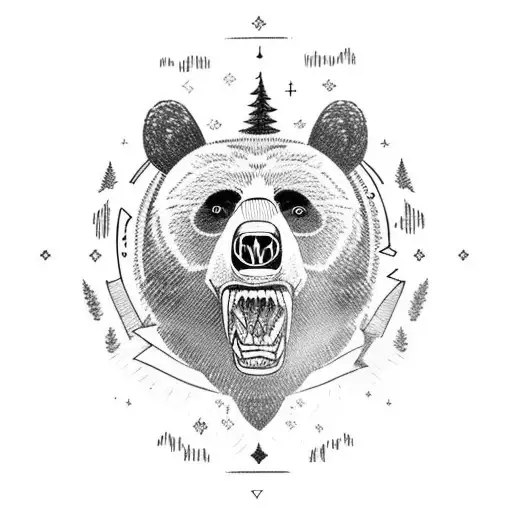 Huge Black Bear With His Mouth Open In Woods And Nordics Runes Around