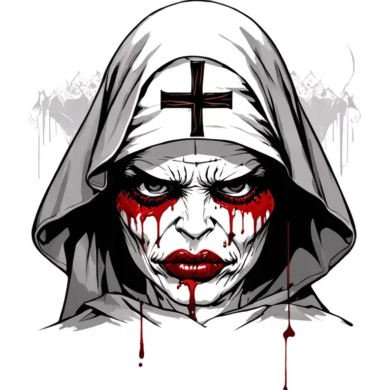Evil Nun With Upside Down Cross On Forehead With A Bloody Lip