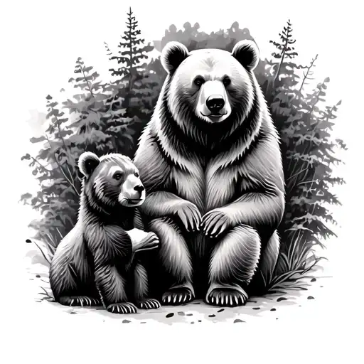 Mama Bear Sitting With Cubs Surrounded