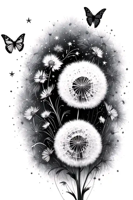 Dandelion Flower With Butterflies And Stars