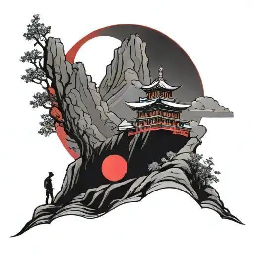 Nightime Temple On The Side Of A Mountian Red Sun With Ronan On Cliff Looking Over