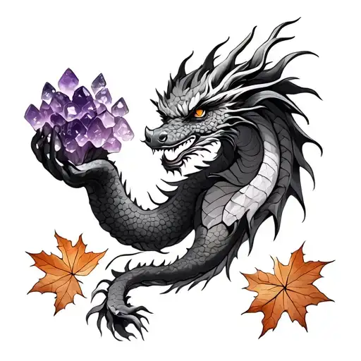 Japanese Dragon Holding A Amethyst Cluster With Autumn Leaves