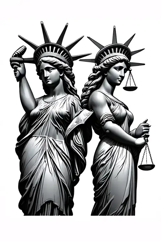 Shilohette Of African American Lady Liberty And Lady Justice Standing Back To Back
