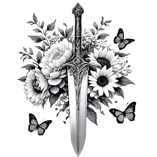 Sword With Peonies And Sunflowers With Butterflies Around It