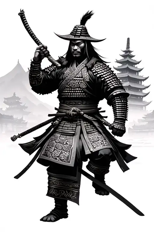 Samurai Warrior With Temple Background Black And White