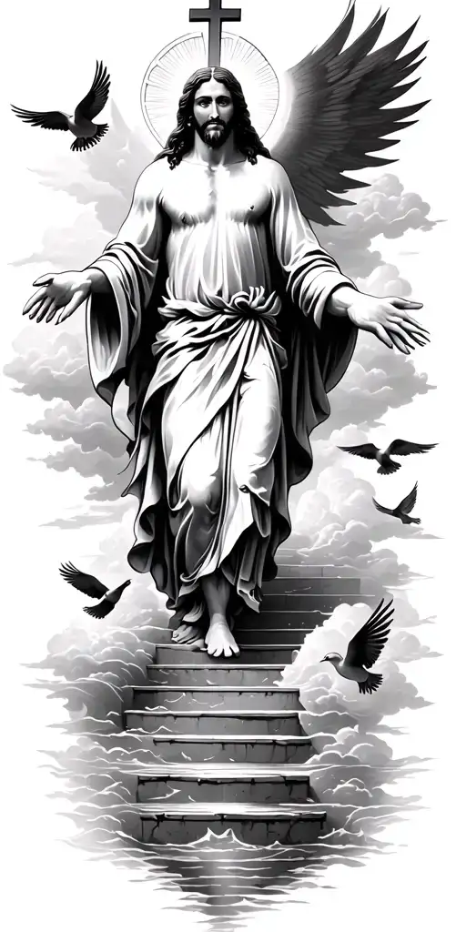 Heaven Jesus Walking On Water Clouds Doves Flying And Cross Stairway To Heaven