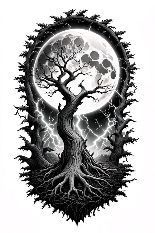 Ygdrasil And Lightining Storm And Moon And Nature