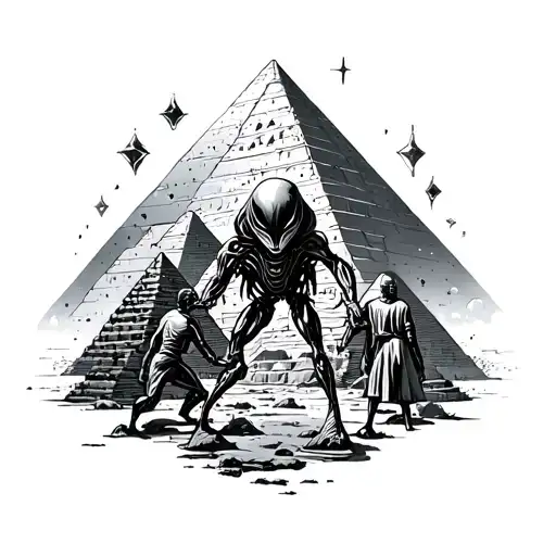 Alien In A Spaceship Abducting Humans Over Pyramids