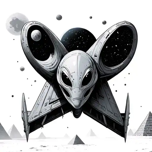 Alien In A Spaceship Over The Pyramids Night Sky