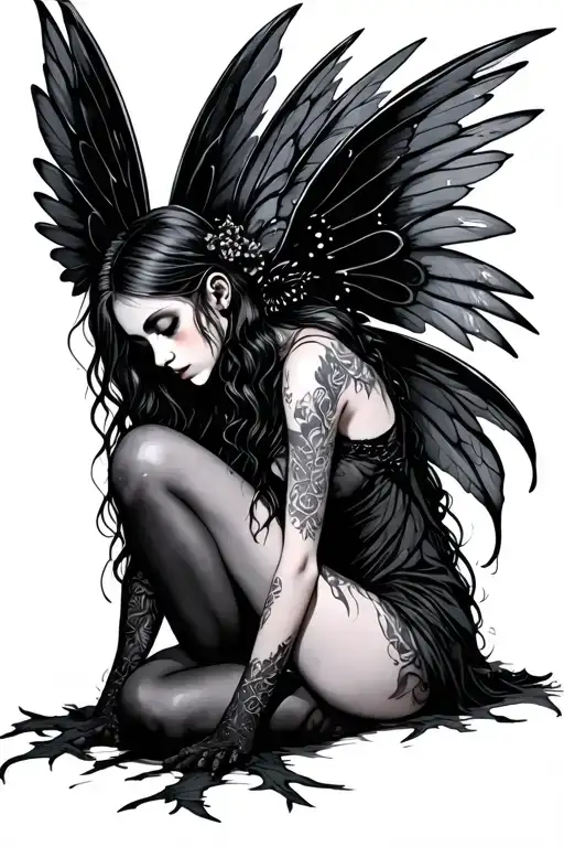Gothic Fairy Sitting On The Floor With Her Face Buried In Her Knees With Big Wings From The Side