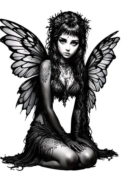 Gothic Fairy Sitting On The Floor With Her Face Buried In Her Knees With Big Wings From The Side