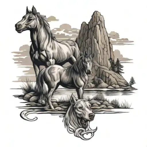 Hunterway Dog Sitting Witha Thoroghbred Horse And Hills And River Behind