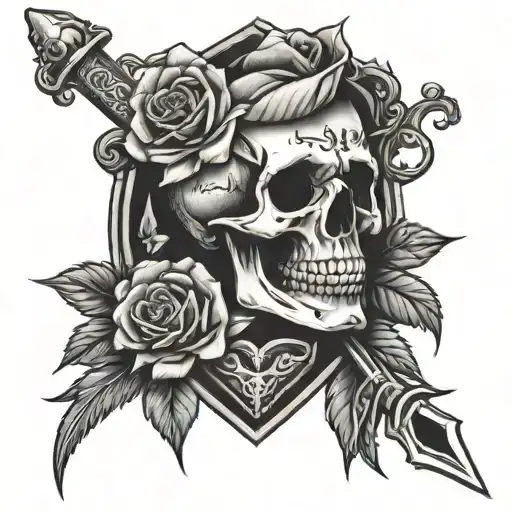 Skull And Dagger With Heart And Roses