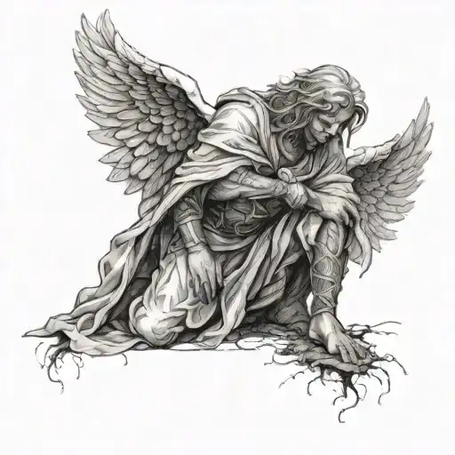 A Powerful And Battle-worn Angel Kneeling In His Tattered Robes
