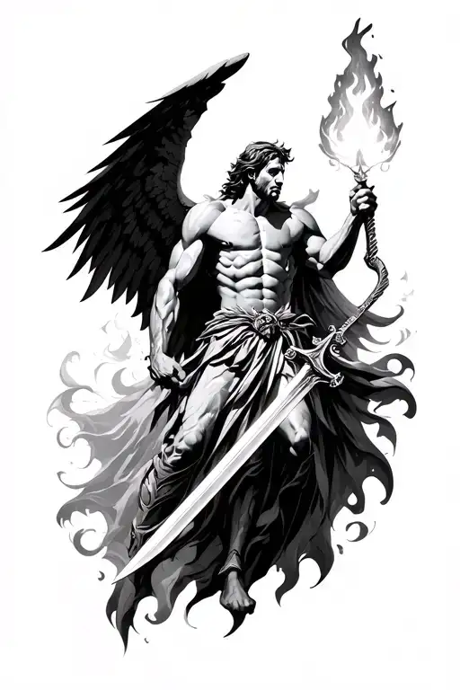 Archangel Michael With Fire Sword Defeating Lucifer