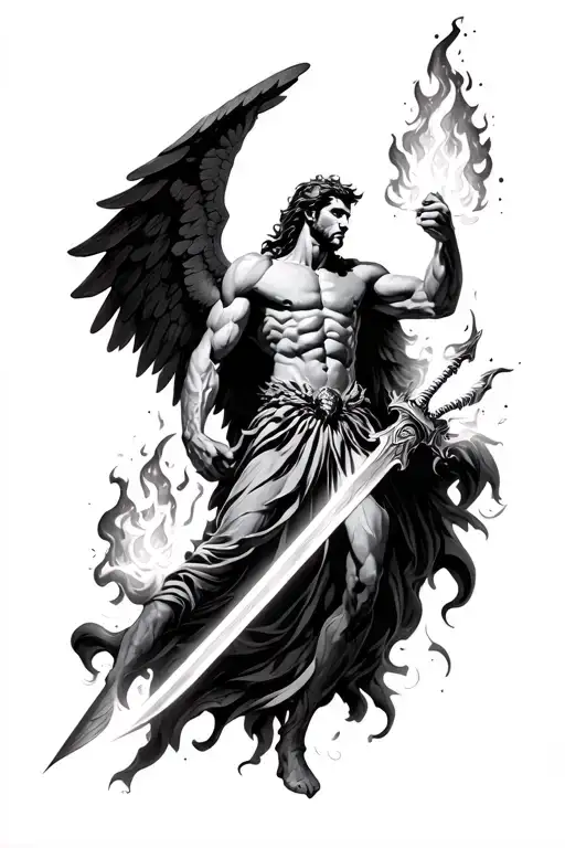 Archangel Michael With Fire Sword Defeating Lucifer