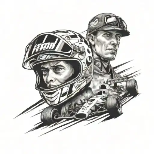 A Detailed Portrait Of A Famous Race Car Driver With A Background Of Racing Tracks And Subwoofers