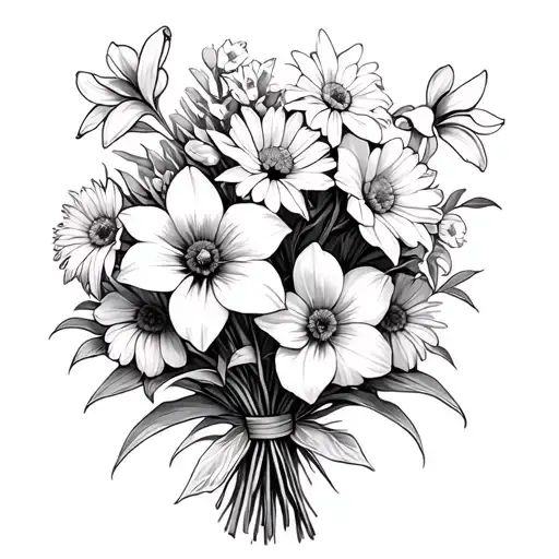 Flower Bouquet With Daffodil Chrysanthemum Daisy Gladiolus Morning Glory Tied