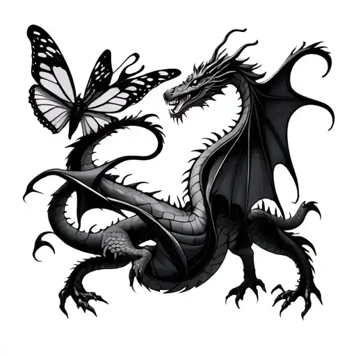 Dragon With Butterfly Surrounded With Lines