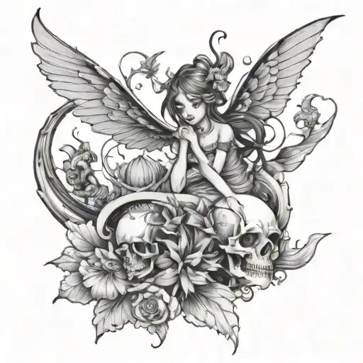 Fairy With Skull And Koi Fish Jumping