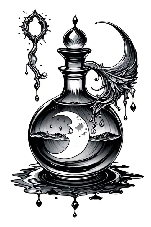 Black And Grey Decanter Style Potion Bottle With A Moon And Liquid Gothic Style