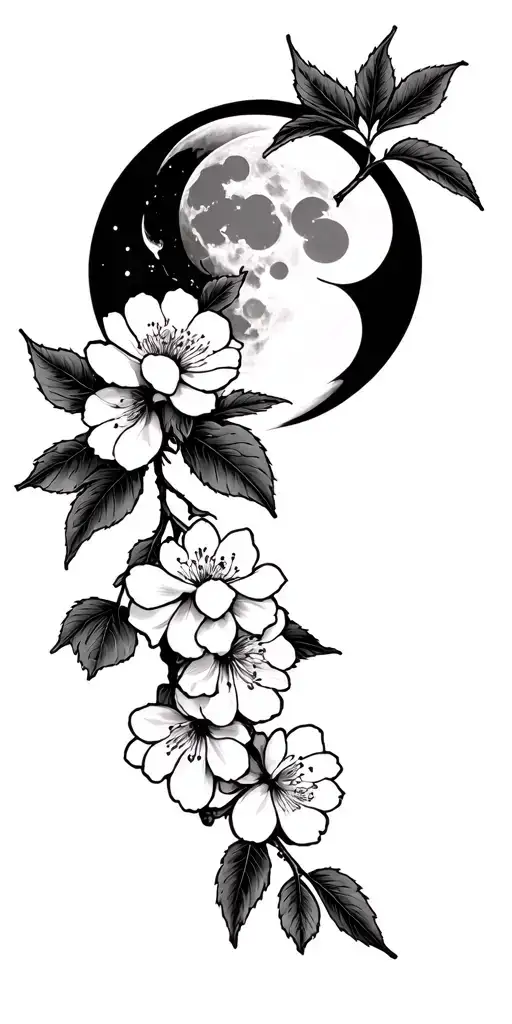 Japanese Cherry With Moon And Soliel