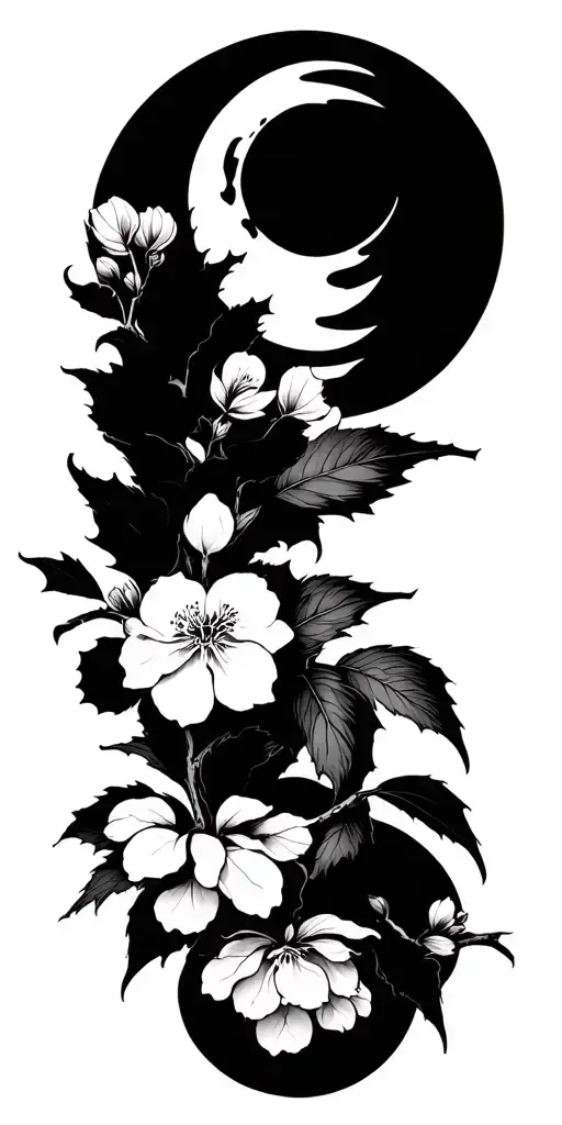 Japanese Cherry With Moon And Sun In The Background