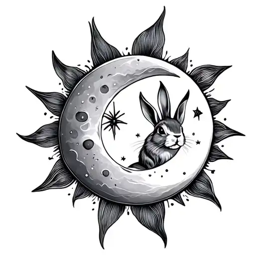Sun And Moon With Stars And Rabbit Line