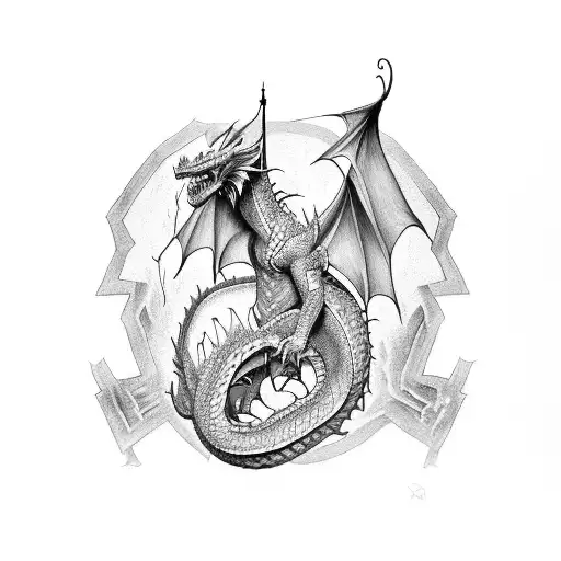 A Tattoo Of A Dragon From Eragon Surrounded By A Border Of Gaming Dice