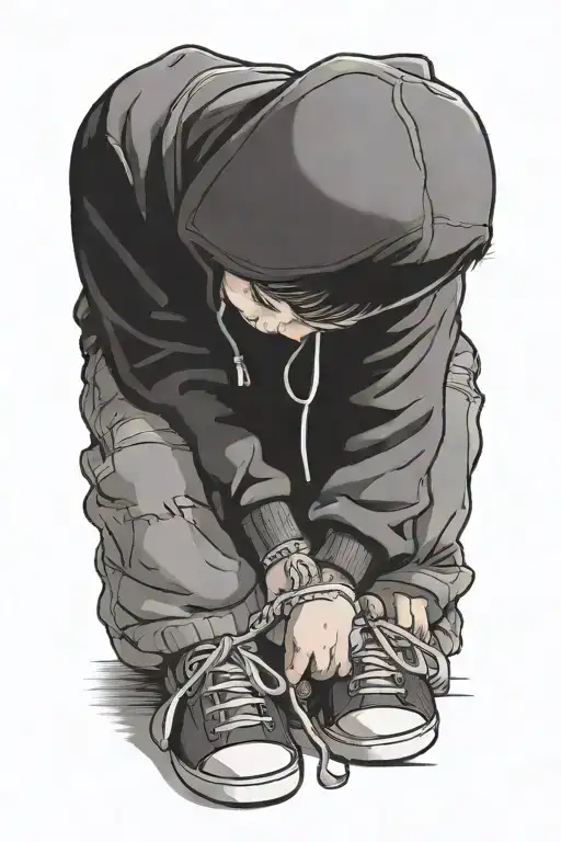 A Little Boy Ties Another Little Boys Shoelaces Both Wearing Hoodies